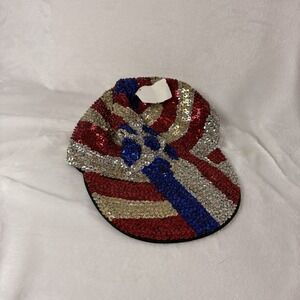 Vtg 90s Ultra Sequin USA Flag Newsboy Hat Bali Hand Sewn Sparkle 4th of July NOS